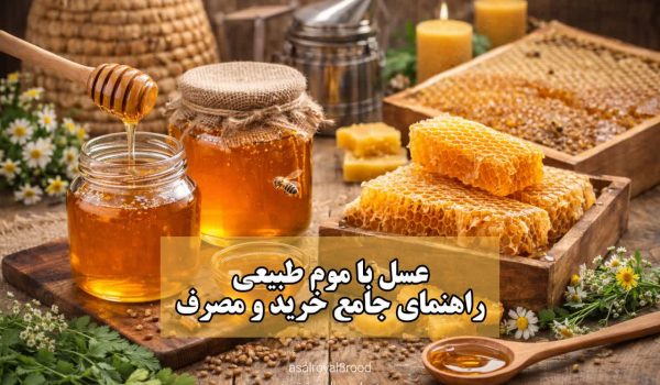 تکه‌ای از شان عسل طبیعی با سلول‌های شش ضلعی پر از عسل که روی ظرف چوبی قرار دارد و در کنار آن یک قاشق چوبی کوچک است