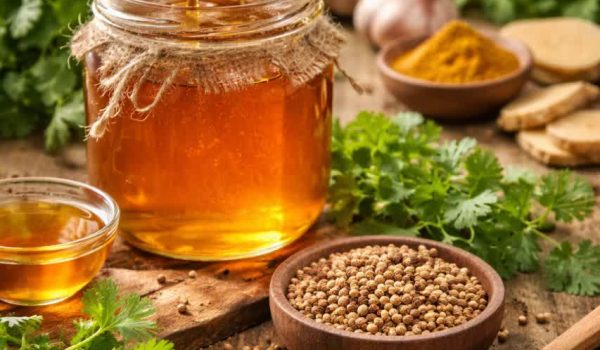 ظرف شیشه‌ای از عسل گشنیز کهربایی رنگ به همراه یک قاشق چوبی و چند دانه و برگ تازه گشنیز در کنار آن