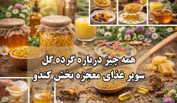 کاسه چوبی کوچک پر از دانه‌های رنگی گرده گل (زرد، نارنجی، قهوه‌ای) به همراه یک قاشق چوبی در کنار یک شیشه عسل
