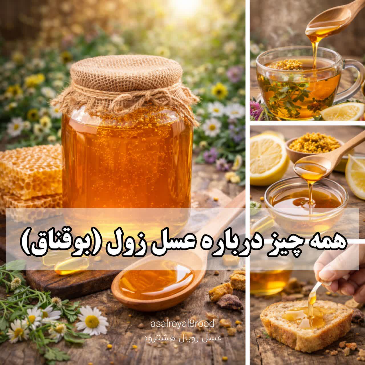 ظرف شیشه‌ای از عسل زول با رنگ کهربایی تیره و قوام غلیظ در کنار یک قاشق چوبی و چند شاخه خشک شده گیاه بوقناق