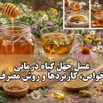 ظرف شیشه‌ای از عسل چهل گیاه با رنگ کهربایی غنی در کنار یک قاشق چوبی و مجموعه‌ای از گیاهان دارویی معطر خشک شده